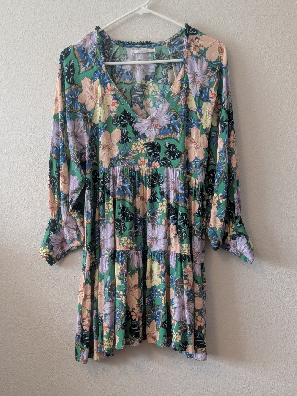 O'Neill Green Floral V-Neck Tiered Mini Dress